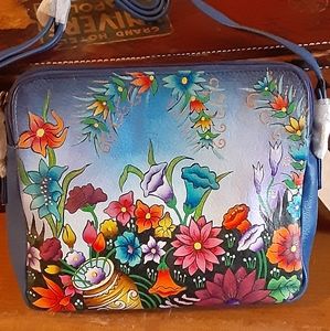 Handpainted Leather Blue Floral Shoulder Bag